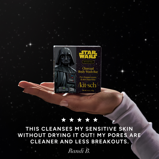 KITSCH Star Wars™ & Kitsch Charcoal Detoxifying Solid Body Wash Darth Detox — 5-star customer review graphic — Charcoal helps detoxify skin and absorb excess oils — free of parabens, phthalates, silicones, & sulfates