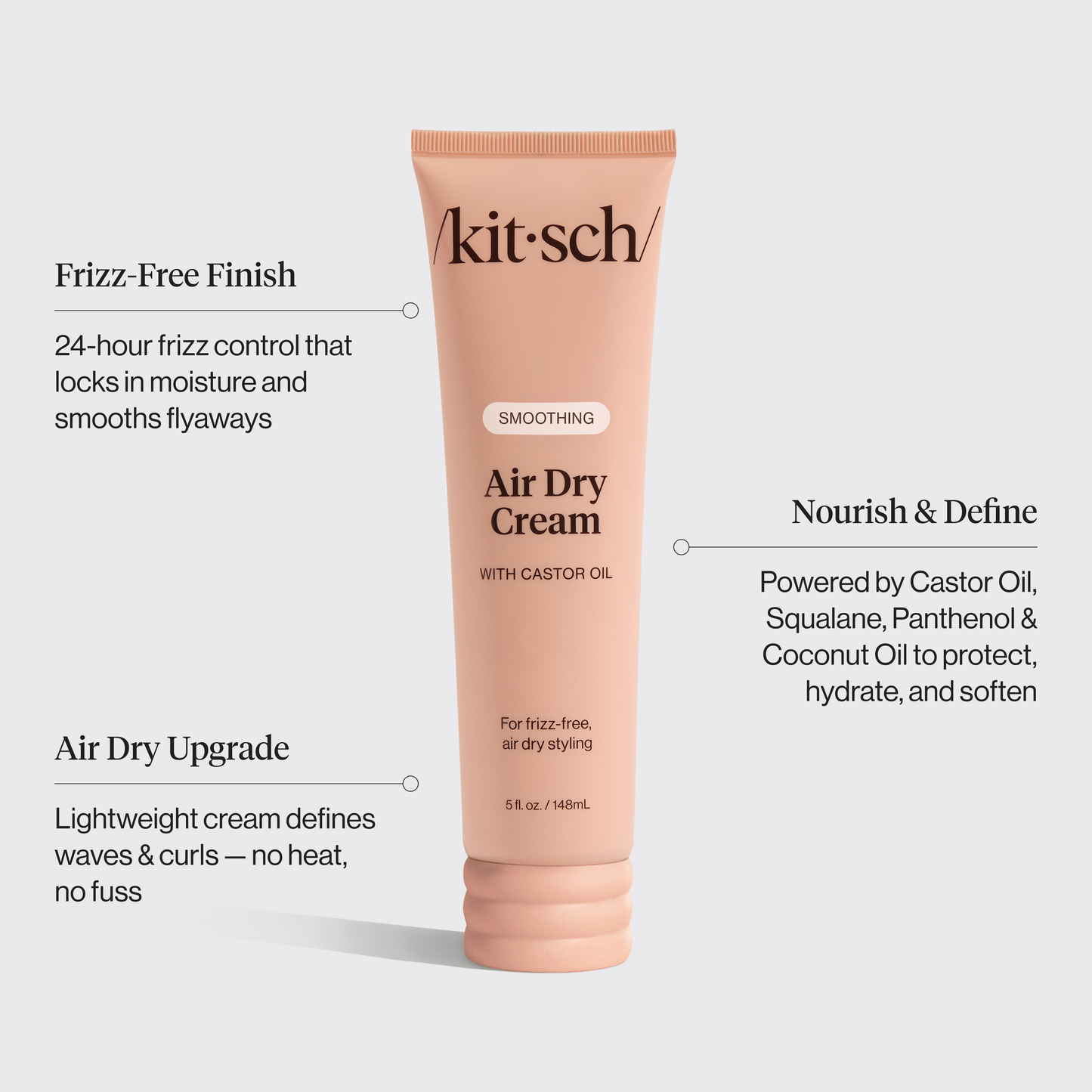 KITSCH Smoothing Air Dry Cream — feature infographic on white background — Locks Down Frizz: Coats strands to block humidity | Enhances Natural Texture: Defines waves and curls without crunch | Vegan, Cruelty-Free + Color-Safe: Featherweight, sulfate-free formula — A no-cast cream that smooths damp hair for a heat-free, salon-style finish