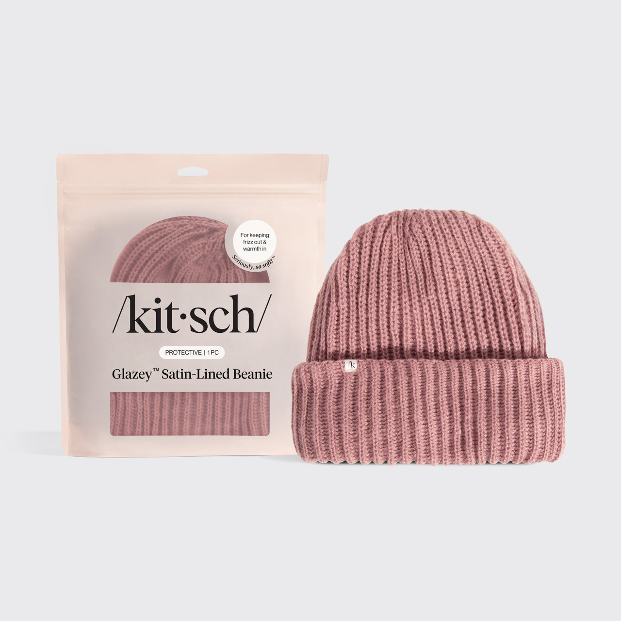 Kitsch Glazey Satin-Lined Beanie in blush — front product hero shot