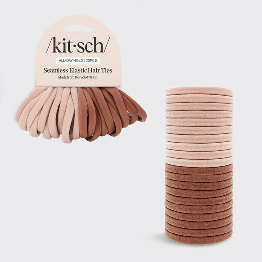 KITSCH Blush Elastic Hair Ties 20pc Set — hero product shot — Consciously created from recycled materials for a tight all-day hold — glide gently through hair while being kind on your hair and the environment