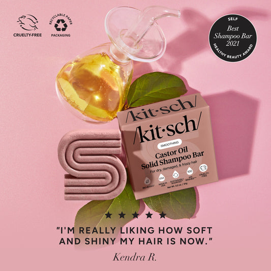 KITSCH Castor Oil Nourishing Shampoo Bar — 5-star customer review graphic — Nourishes your scalp to help decrease hair breakage & damage — reduces single-use plastic, saving two bottles of liquid shampoo or conditioner