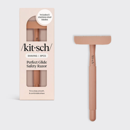 Perfect Glide Safety Razor in blush pink with Kitsch packaging displayed on a clean background.