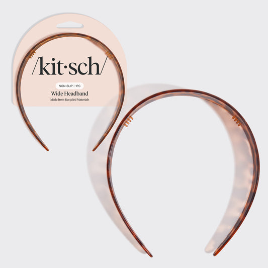 KITSCH Tort Wide Headband — hero product shot of wide tort-print plastic headband — statement wide headband in tortoiseshell pattern, recycled plastic