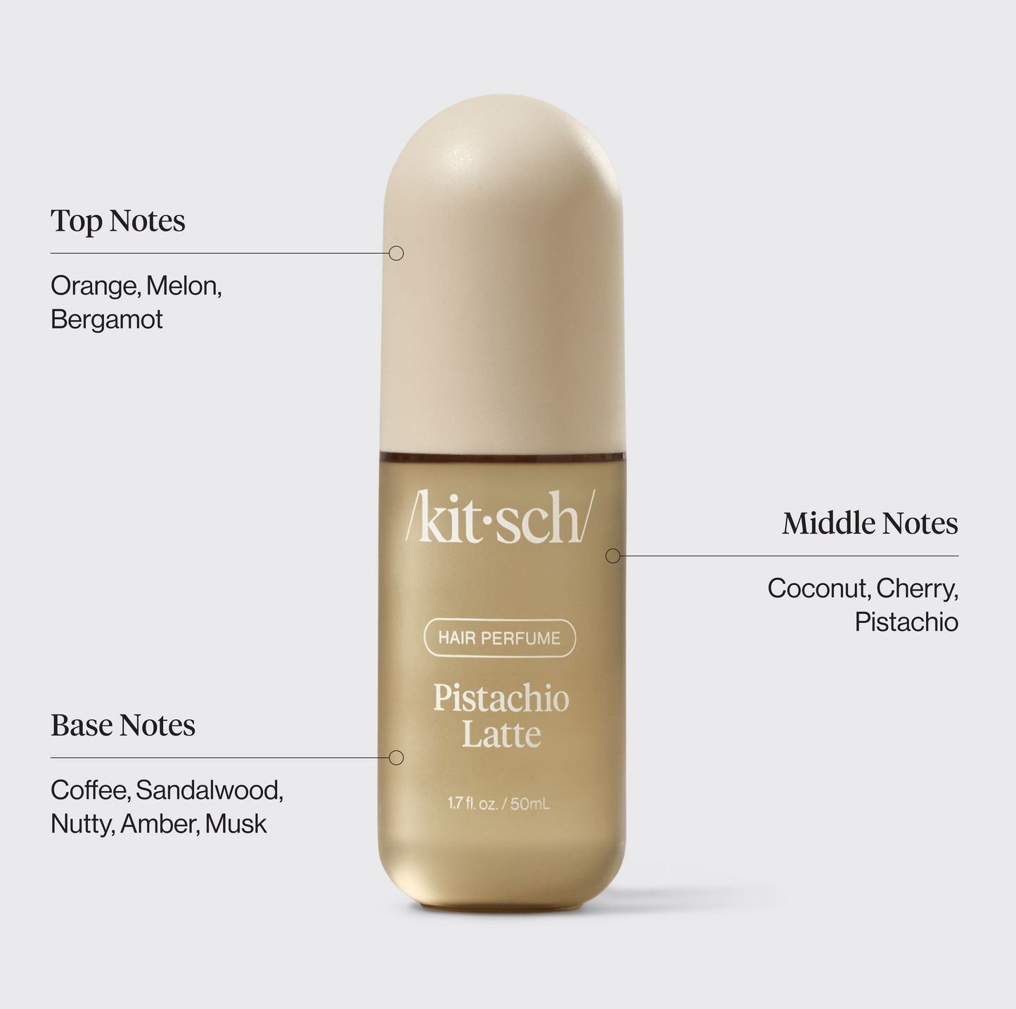 Kitsch Pistachio Latte Hair Perfume scent notes infographic — top, middle, and base notes