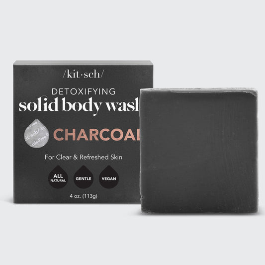 Kitsch Charcoal Detoxifying Solid Body Wash bar on a soft neutral background